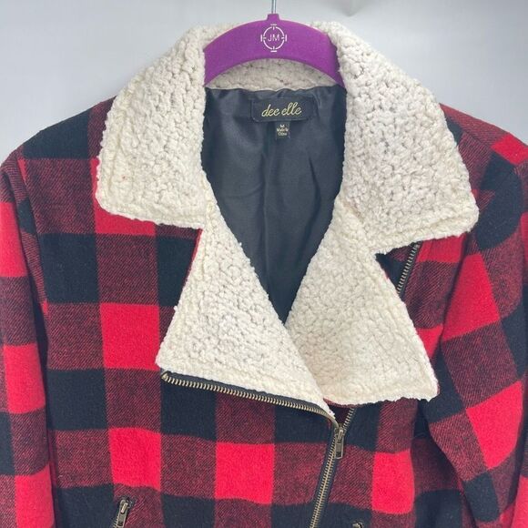 Dee Elle Vintage Red Buffalo Plaid Sherpa moto Jacket angle zip Medium - Picture 7 of 9